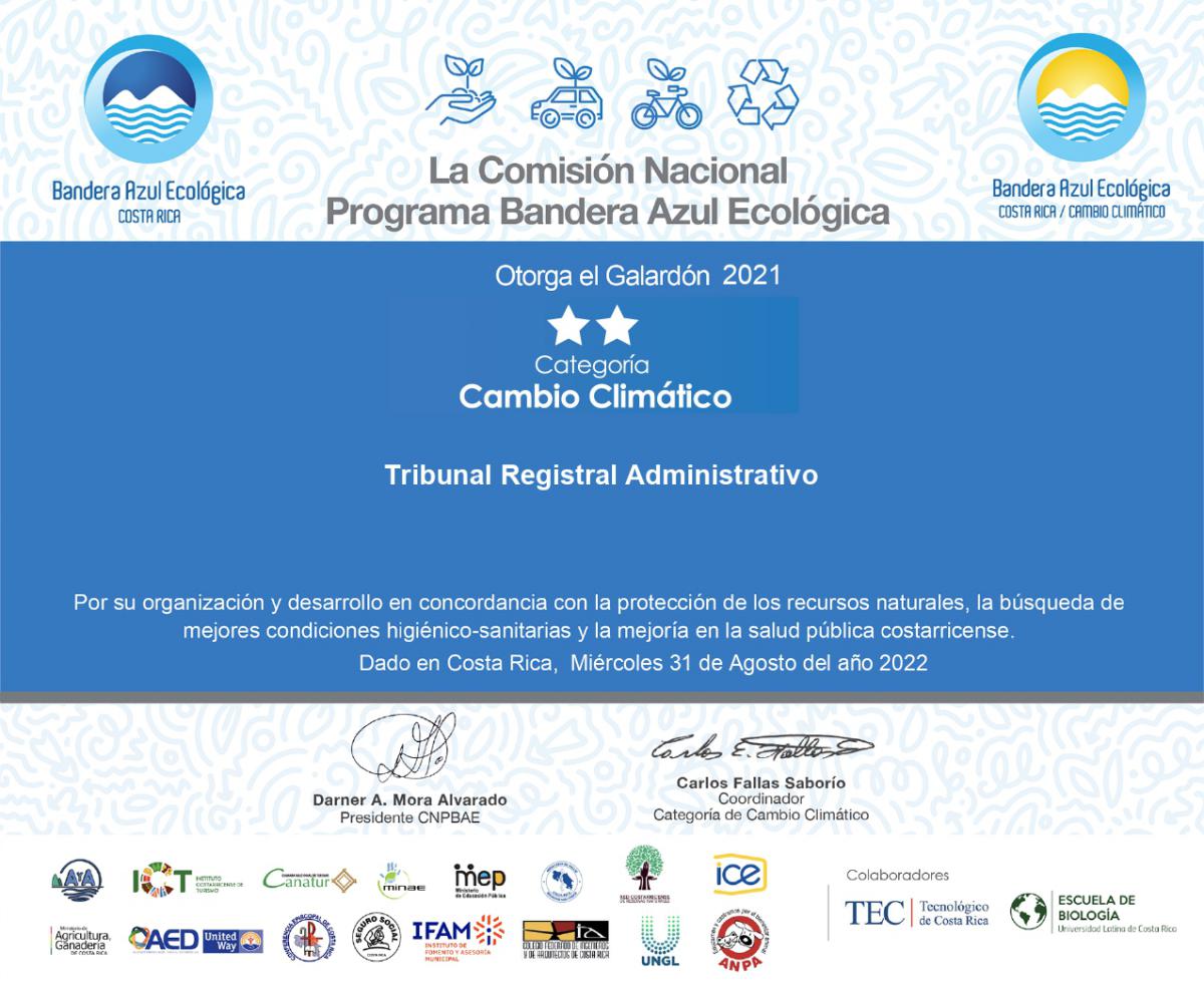 Certificado Galardon Programa Bandera Azul Ecológica 2022
